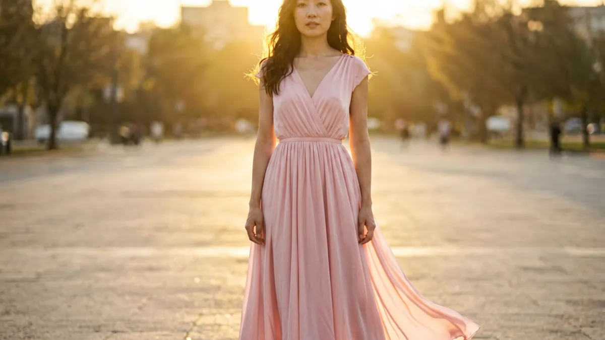 蜜桃成熟时结局场景剧照，女主角穿着浅粉色长裙站在户外，背景虚化，光线柔和金黄，情绪饱满而安静