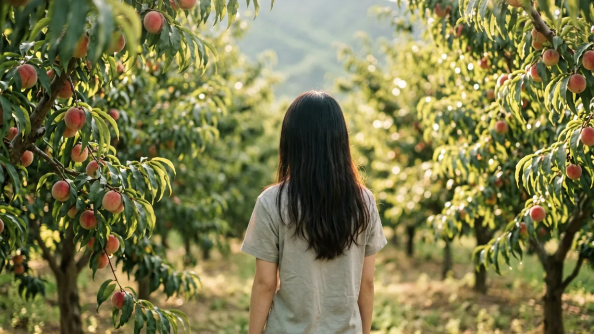 蜜桃成熟时影片主视觉画面，少女站在果园阳光下，远处青山隐约可见，氛围清透而略带忧愁