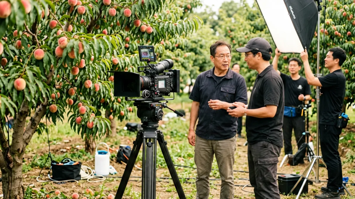 蜜桃成熟时剧组拍摄现场，导演与摄影师在果园实景地讨论镜头角度，周围是真实的蜜桃树
